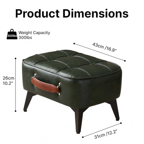 Vintage Style Faux Leather Ottoman Footstool - Wooden Frame, Upholstered Interior, Multi-Use Footrest for Living Room, Entryway, Office (Green Black)