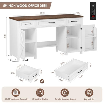 59" White Home Office Desk with Storage, Wood Computer Desk with 3 Drawers, view 3