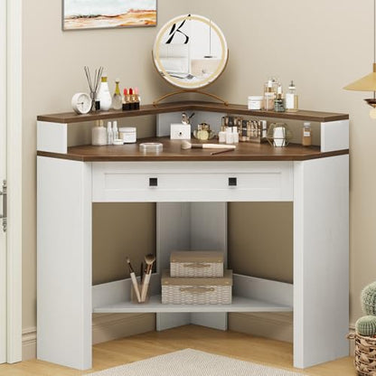 Corner Desk, Triangle Computer Desk Home Office Workstation with Drawer and Monitor Stand for Small Spaces Farmhouse Corner Vanity Table for Bedroom Study, Living Room (Rustic White and Brown)