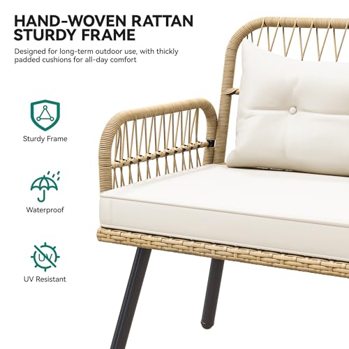 Patio Wicker L-Shaped Furniture Set, All-Weather Rattan Outdoor Conversation Sofa Set for Backyard Deck with Soft Cushions,Ottomans and Plastic Wood Dining Table (Light Brown+Beige)