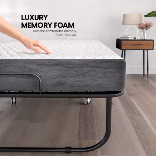 Folding Bed with Mattress - 75x31 Cot Size Frame - Portable Rollaway Guest Bed with 5-inch Memory Foam Mattress - Space-Saving Foldable Design for Easy Storage (31 Inch)
