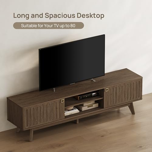 70" Long TV Stand for Living Room, Modern TV Stand Entertainment Center with 2 Storage Cabinets, Mid Century Fluted-Door Media Console Table for 50/60/70/80 Inch TV, Coffee Oak