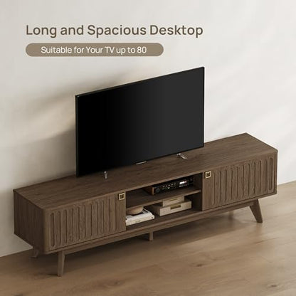 70" Long TV Stand for Living Room, Modern TV Stand Entertainment Center with 2 Storage Cabinets, Mid Century Fluted-Door Media Console Table for 50/60/70/80 Inch TV, Coffee Oak