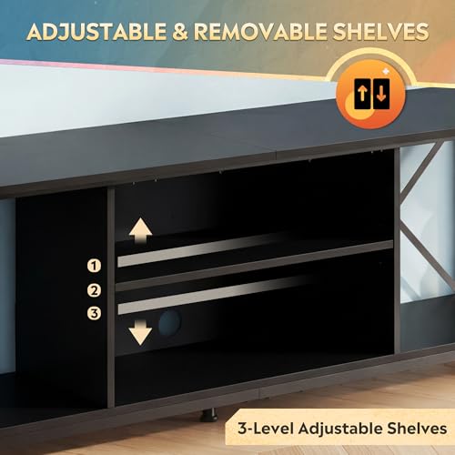 Industrial TV Stand for Up to 70 inch TV, Heavy-Duty Metal Frame Entertainment Center with Adjustable Shelves & Cable Management, Large Media Console for Living Room, Black