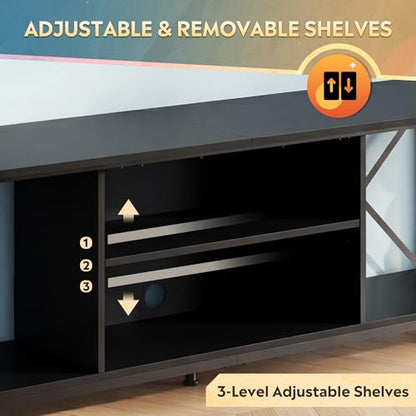 Industrial TV Stand for Up to 70 inch TV, Heavy-Duty Metal Frame Entertainment Center with Adjustable Shelves & Cable Management, Large Media Console for Living Room, Black