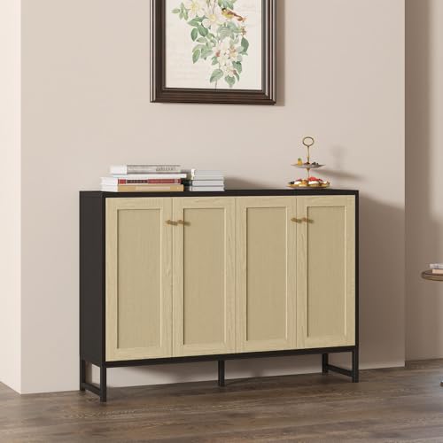 Sideboard Accent Storage Cabinet with Rattan Decorated 4 Doors Dining Room Freestanding Kitchen Buffet Table Cupboard (Black)
