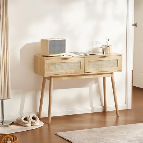 Rattan Console Table with 2 Storage Drawers, Rattan Entryway Table with Natural Rattan Sliding Door, Console Sofa Table for Living Room, Study, Entryway Or TV Wall, Natural