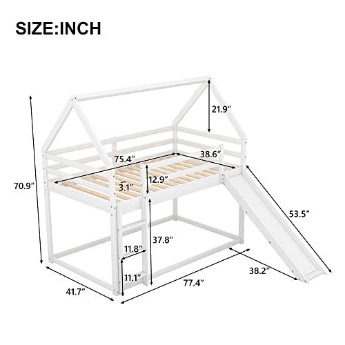 House Bed Bunk Beds with Slide, Wood Bunk Beds with Roof and Guardrail Twin Over Twin Bunk Bed for Kids, Toddlers, No Box Spring Needed (New, White)