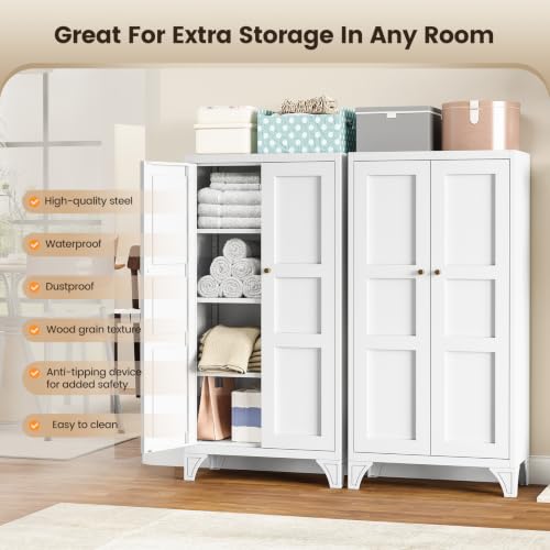 Metal Storage Cabinet with Doors and 3 Adjustable Shelves - 47" White Kitchen Pantry Storage Cabinet Locker for Kitchen,Living Room,Dining Room