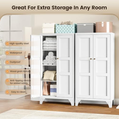 Metal Storage Cabinet with Doors and 3 Adjustable Shelves - 47" White Kitchen Pantry Storage Cabinet Locker for Kitchen,Living Room,Dining Room