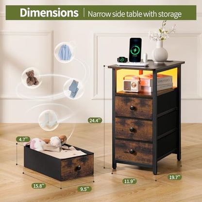 End Table with Charging Station, LED Narrow Side Table Bedside Table, Small Night Stand End Tables Living Room, Skinny Nightstand with 3 Fabric Drawers, Side Tables Bedroom for Small Spaces
