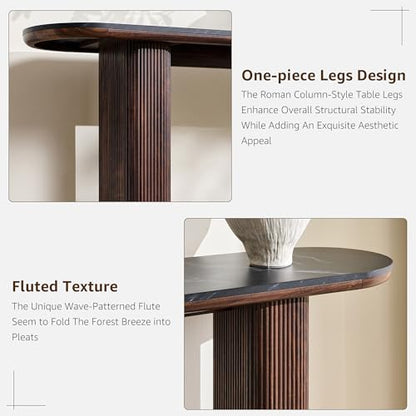 63 Inch Modern Console Table with Arc Faux Marble Texture Top, Fluted Wood Base, Contemporary Entryway Sofa Table for Living Room, Hallway, Foyer, Dark Walnut