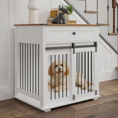 31.5” Dog Crate Furniture, Farmhouse Wooden Indoor Dog Kennel with Drawer, view 2