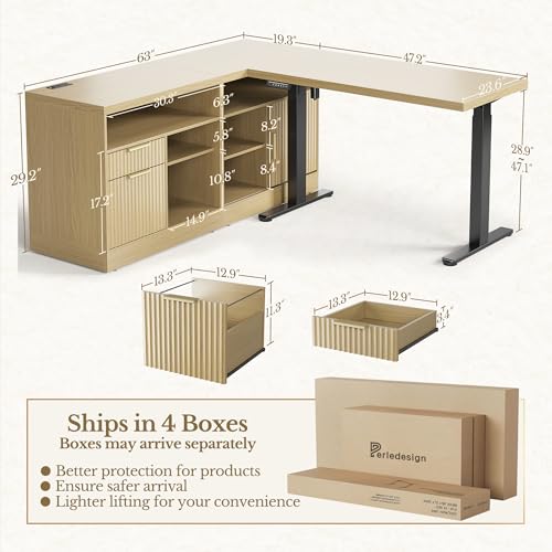 L Shaped Standing Desk, 67 Inches Electric Adjustable Desk with Storage & 2 File Cabinets, Fluted Executive Corner Desk for Home Office with Built-in Outlets，1.18" Desktop, Light Walnut