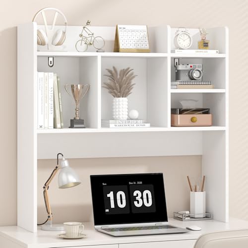 Desk Hutch with 6 Shelves, Desktop Organizer Shelf for Office Dorm, White, view 2