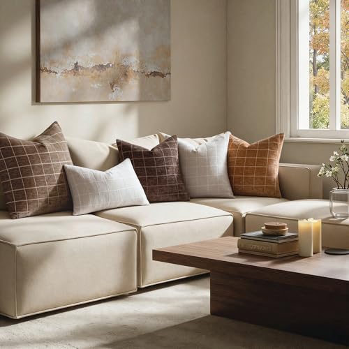 Decorative Chenille Plaid Fall Throw Pillow Covers Brown 12x20 Set of 2