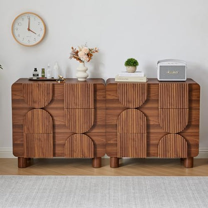3 Drawer Nightstand Set of 2, Walnut Wooden Dresser with Curved Profile, Mid-Century Modern Bedside Cabinet for Bedroom Living Room Entryway, 31.5" W x 15.75" D x 29.1" H