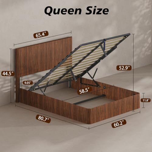 Fluted Queen Size Platform Bed Frame with Lift up Storage, view 3