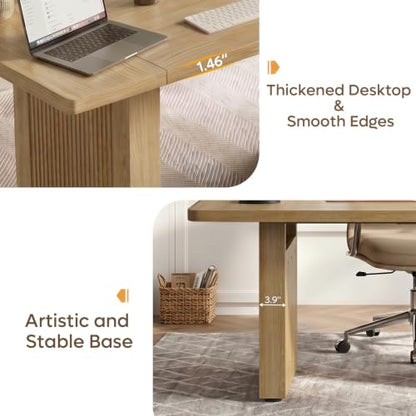 63 Inch Wood Executive Desk, Fluted Office Desk Natural Oak, view 6