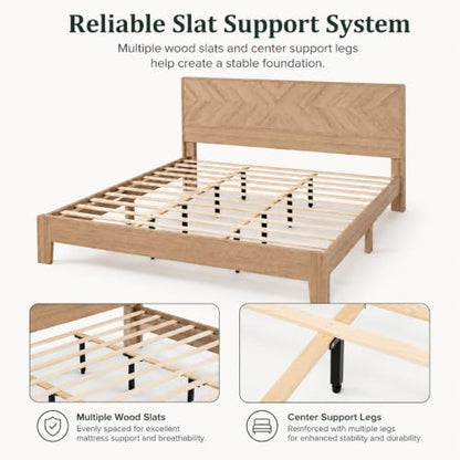 King Size Bed Frame with Headboard, Oak Color Platform Bed, Modern Design, view 7