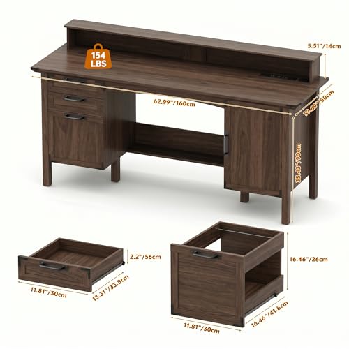 63" Farmhouse Desk w/Power Outlet & Monitor Stand, Walnut, view 3