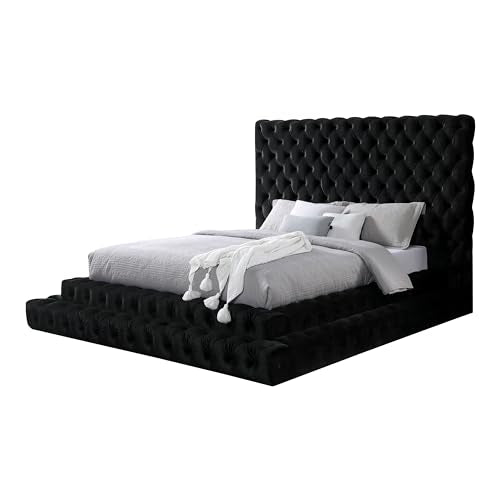 Black Sable fabric step-up bed with oversized headboard and button tufting, view 2