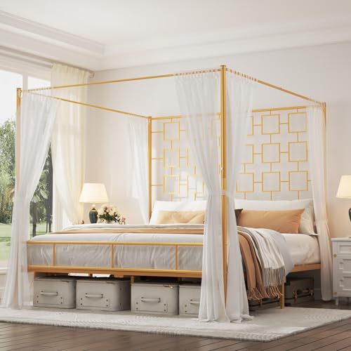 King Canopy Bed Frame, Gold Metal Bed, No Box Spring Needed, view 7