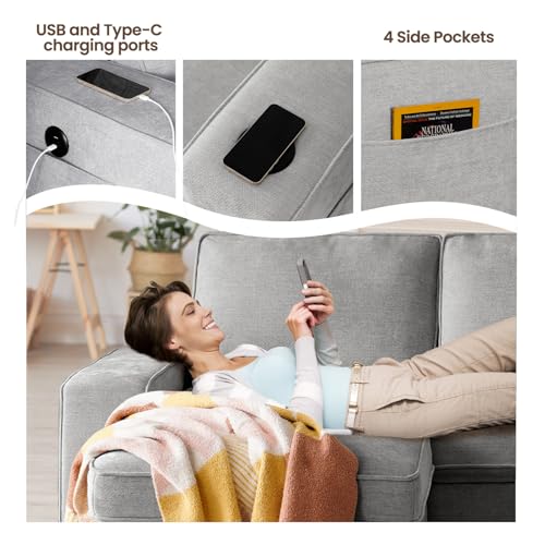 99" Convertible Sleeper Sofa Bed,L Shaped with Storage Chaise Pull Out Couch for Living Room,USB and Type-C,Removable Washable Chenille Covers (Gray)