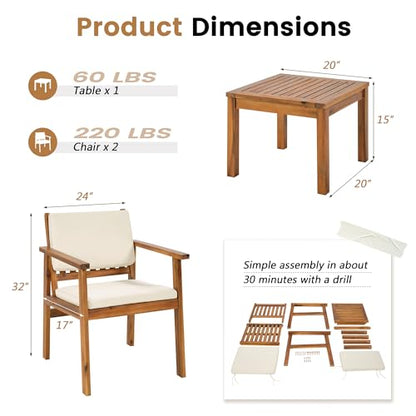Patio Chairs 3 Piece Acacia Wood Patio Furniture with Coffee Table & Cushions Outdoor Conversation Set Balcony Chairs for Porch, Deck, Backyard