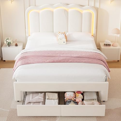 Queen Upholstered LED Bed Frame with 2 Storage Drawers and Adjustable Chic, view 4