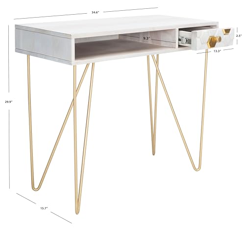 SAFAVIEH Home Office Collection Raveena White Wash and Brass 1-Drawer Hairpin Leg Desk