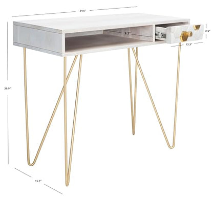 SAFAVIEH Home Office Collection Raveena White Wash and Brass 1-Drawer Hairpin Leg Desk