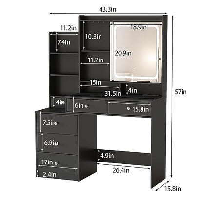 Vanity Desk with Mirror and Lights, Makeup Vanity with 6 Drawers and Shelves, Dressing Table with Power Outlet, Makeup Desk with Led Lighted Mirror in 3 Colors, for Bedroom, Black