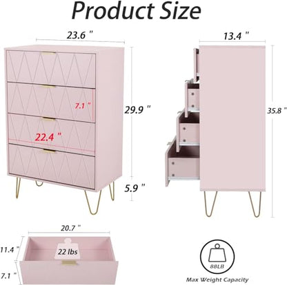 Pink 4 Drawer Dresser, Drawer Chest, Tall Storage Dresser Cabinet Organizer Unit with Metal Legs for Bedroom, Living Room, Closet
