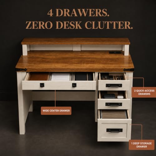 47 Inch Farmhouse Computer Desk with 4 Drawers Power Outlets USB Ports, view 4