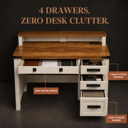 47 Inch Farmhouse Computer Desk with 4 Drawers Power Outlets USB Ports, view 4