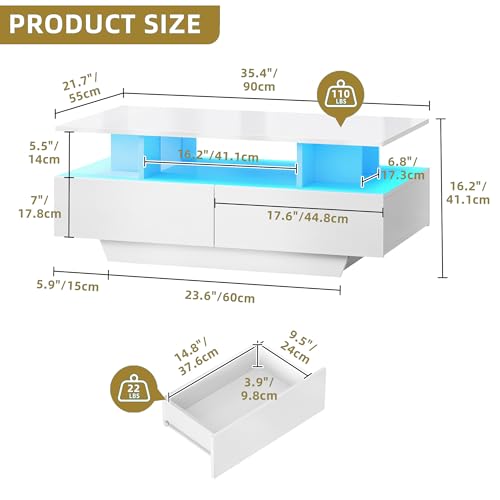 LED Coffee Table with Storage 4 Drawers, Modern High Glossy Coffee Tables for Living Room, White Rectangle Coffee Table Small Center Table with Open Display Shelf & Sliding Drawers, White