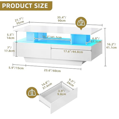 LED Coffee Table with Storage 4 Drawers, Modern High Glossy Coffee Tables for Living Room, White Rectangle Coffee Table Small Center Table with Open Display Shelf & Sliding Drawers, White