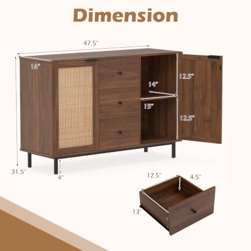 47.5" Sideboard Buffet Cabinet with Storage, Wooden Credenza, Brown, view 3