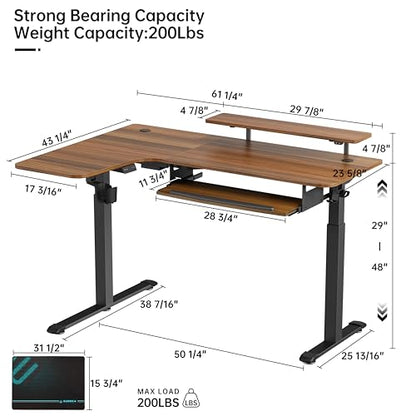 Standing Desk Electric Adjustable Height (61"x43") Computer Desk with Keyboard Tray, Sit Stand Desk L Shaped Desk for Work/Home Office,Dual Motor,Memory Presets,2 USB/RGB,Walnut/Left