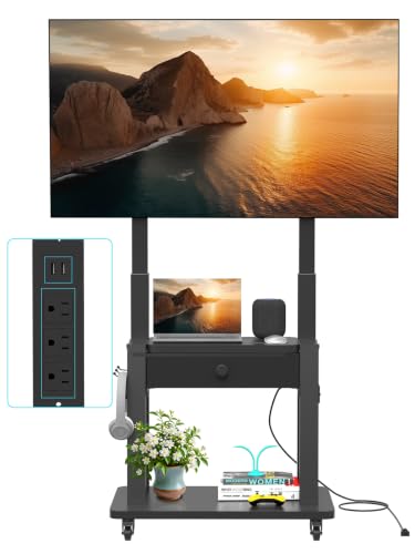 Rolling TV Stand with Power Outlet and Fabric Drawer for 32-75 Inch Flat/Curved, view 2