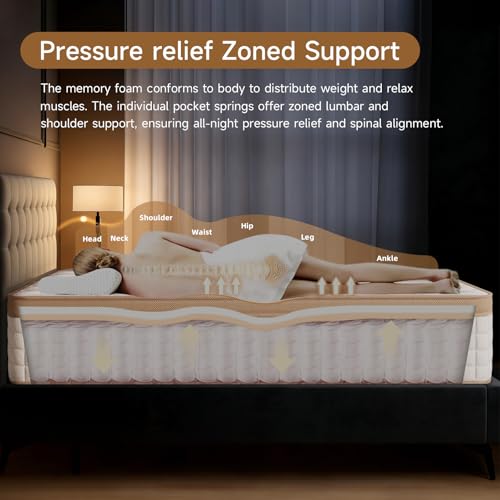 12 Inch Queen Mattress - Mattress Hybrid Cooling Gel Memory Foam & Pocket Coils,Medium Firm Mattress in a Box for Ergonomic Spinal Support,Motion Isolation & Edge Support for Side & Back Sleepers