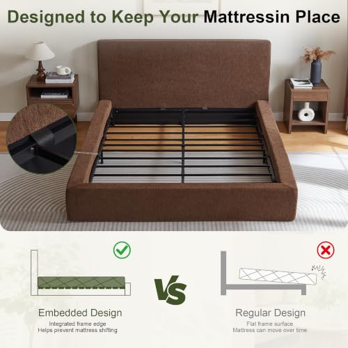 Queen Cloud Bed Frame with Headboard, No Box Spring Needed, Brown-Style A, view 7
