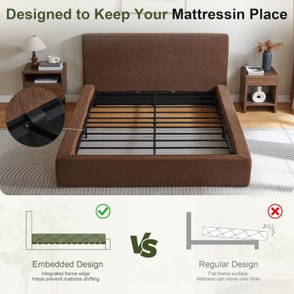 Queen Cloud Bed Frame with Headboard, No Box Spring Needed, Brown-Style A, view 7