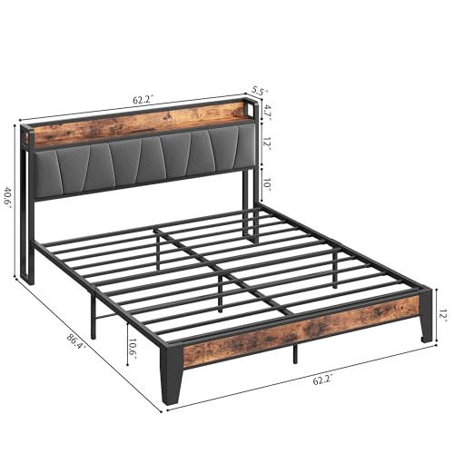 Queen Bed Frame, Storage Headboard with Charging Station, Solid and Stable, view 3