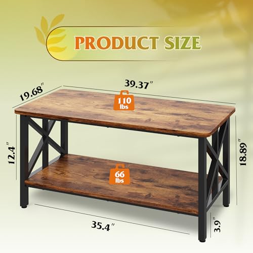 Coffee Table for Living Room, 39" Modern 2-Tier Center Table with Round Corners, Storage Shelf, Farmhouse Style Small Coffee Table with Metal Frame, Rustic Brown