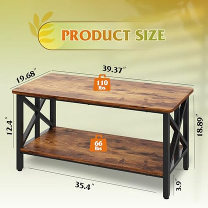 Coffee Table for Living Room, 39" Modern 2-Tier Center Table with Round Corners, Storage Shelf, Farmhouse Style Small Coffee Table with Metal Frame, Rustic Brown