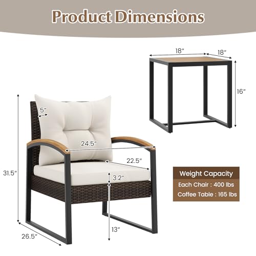 3 Piece Patio Conversation Set, Includes 2 Rattan Chairs and Coffee Table, Solid Acacia Wood Armrests & Tabletop, Outdoor Cushioned Wicker Furniture Set for Backyard, Poolside, Lawn, Garden