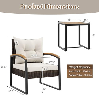 3 Piece Patio Conversation Set, Includes 2 Rattan Chairs and Coffee Table, Solid Acacia Wood Armrests & Tabletop, Outdoor Cushioned Wicker Furniture Set for Backyard, Poolside, Lawn, Garden