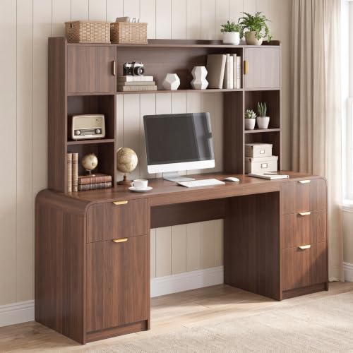 63" Office Desk with Hutch Storage, Computer Desk with 4 Drawers, Walnut, view 2